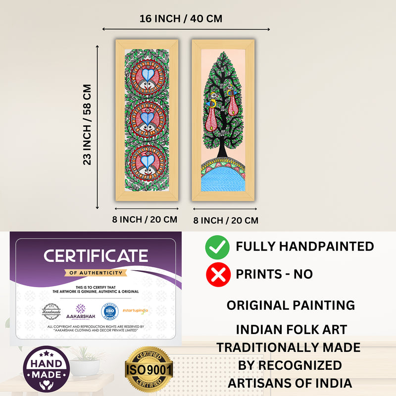 Handmade Madhubani Painting Set of 2 – Fish & Peacock Wall Decor 8x23