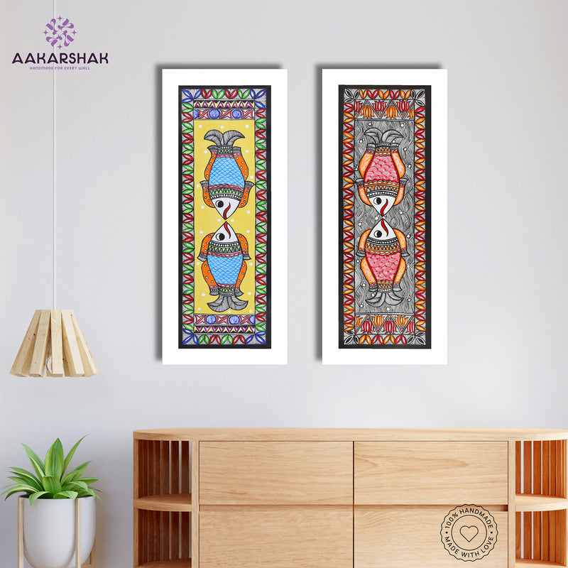 Handmade Madhubani Painting Set of 2 – Fish & Fish Wall Decor 8x23