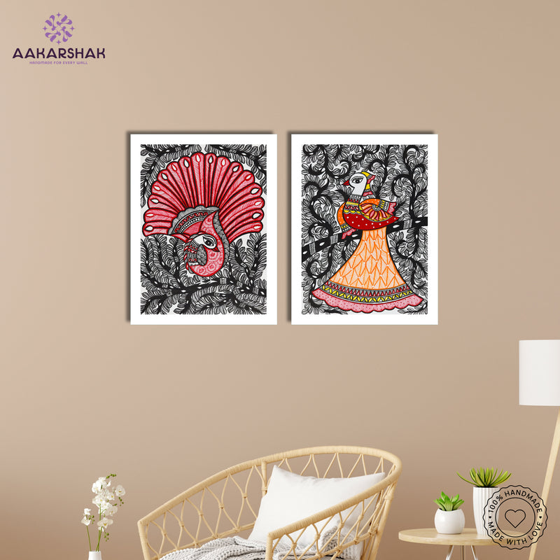 Handmade Madhubani Painting Set of 2 – Dancing peacock 12x16