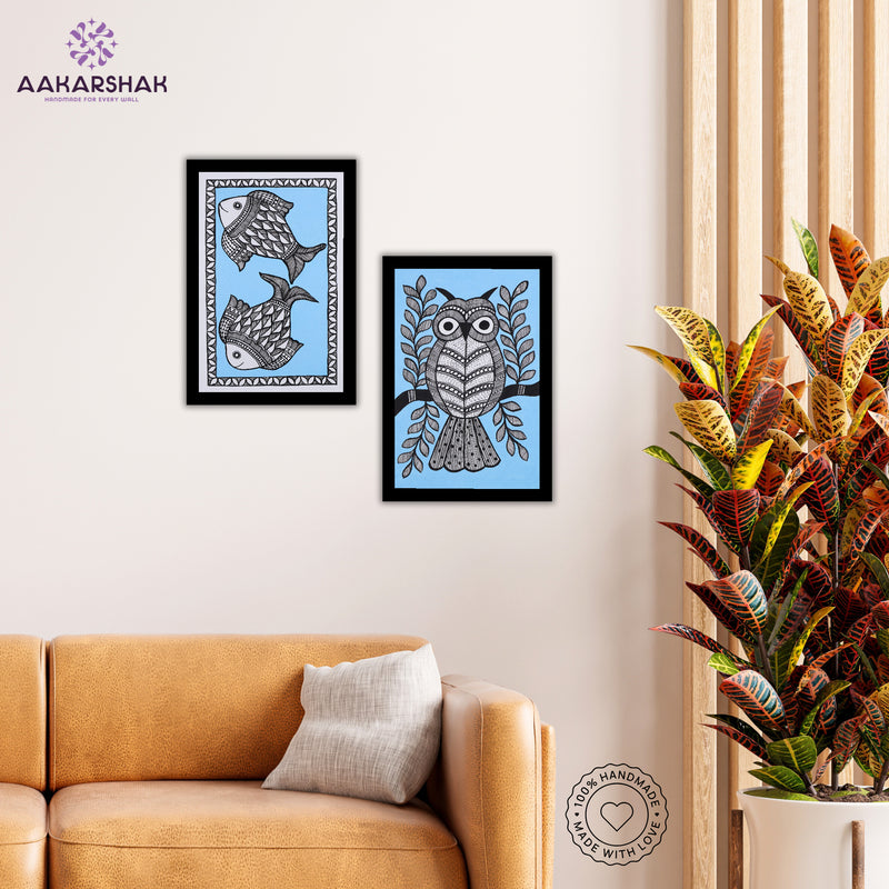 Handmade Fish and Owl Madhubani Painting 8x12 Set of 2