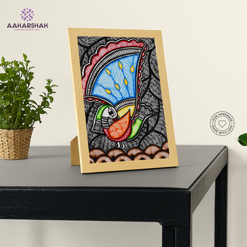 Handmade Madhubani Peacock Painting 6x8 Inch Framed Indian Wall Decor