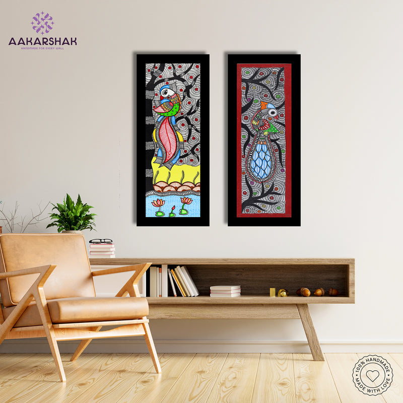 Handmade Madhubani Painting Set of 2 – Peacock and Peacock Wall Decor 8x23