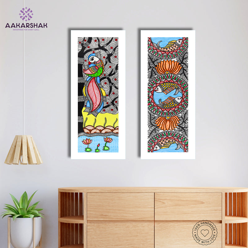 Handmade Madhubani Painting Set of 2 – Peacock and Fish Wall Decor 8x23