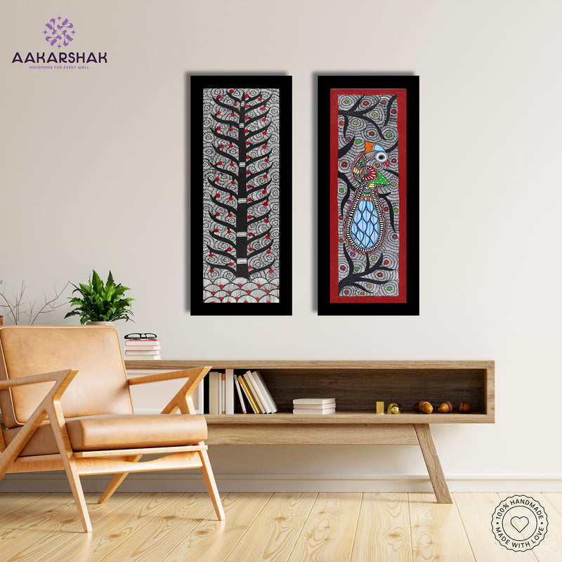 Handmade Madhubani Painting Set of 2 – Tree of life & Peacock 8x23