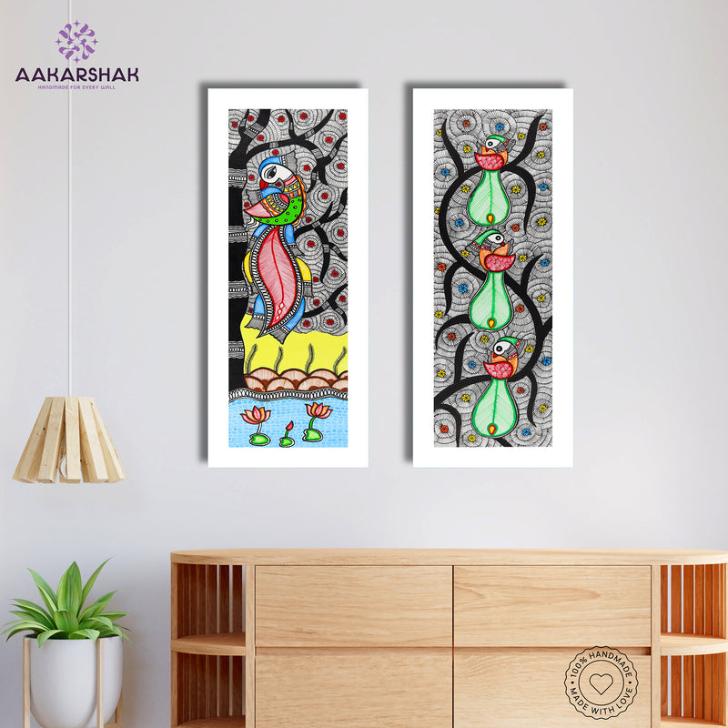 Handmade Madhubani Painting Set of 2 – Peacock and Peacock Wall Decor 8x23