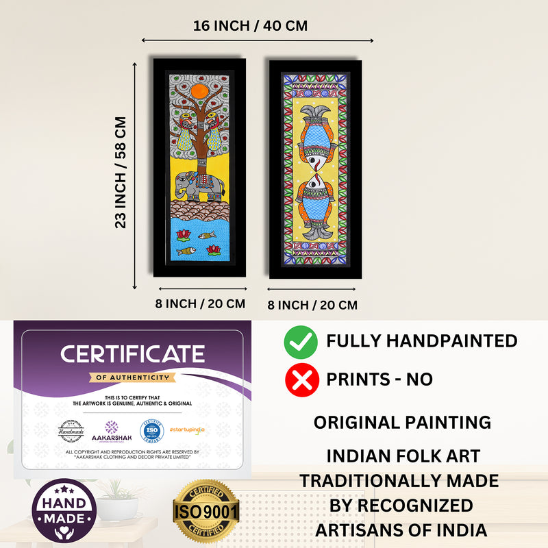 Handmade Madhubani Painting Set of 2 – Elephant & Fish Wall Decor 8x23