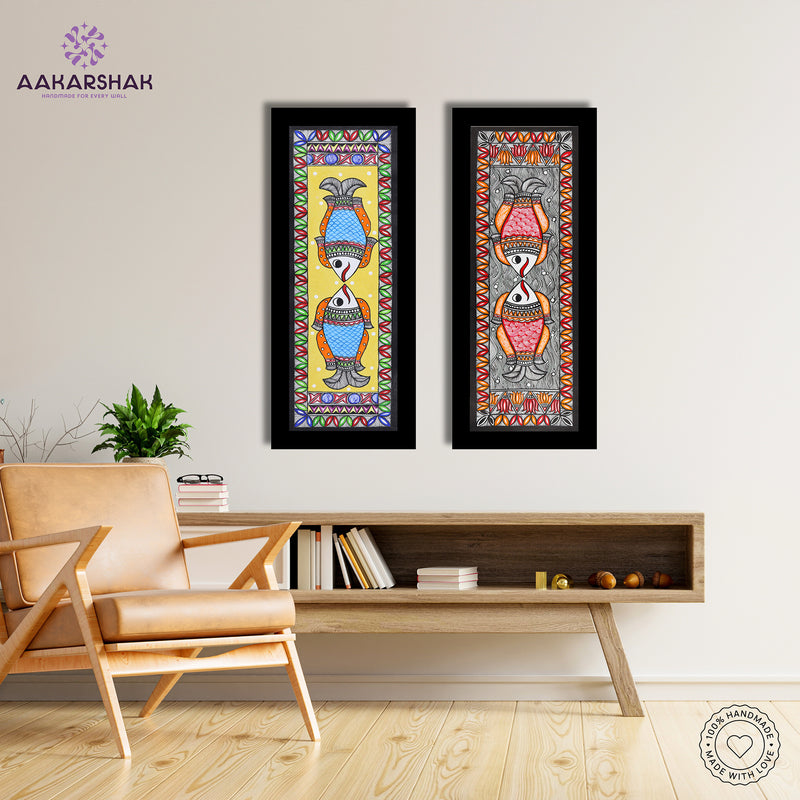 Handmade Madhubani Painting Set of 2 – Fish & Fish Wall Decor 8x23