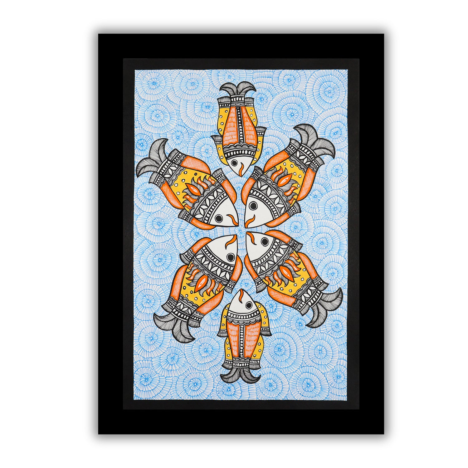Handmade Madhubani art Fish Painting Framed Indian Wall Decor 17x24 Inch