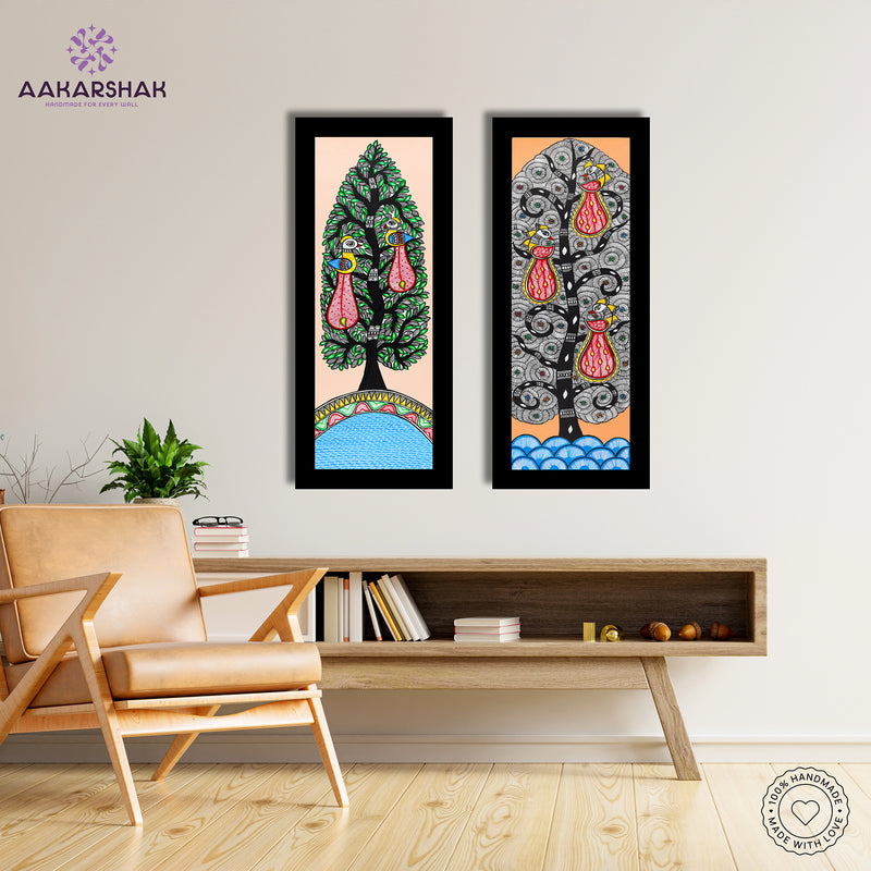 Handmade Madhubani Painting Set of 2 – Peacock and Peacock Wall Decor 8x23