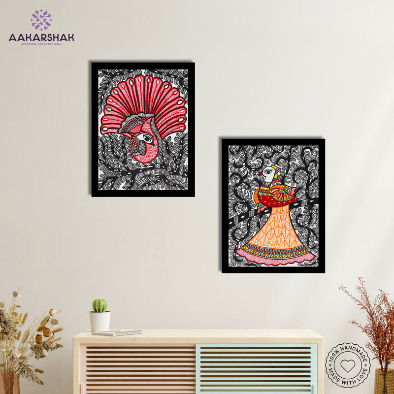 Handmade Madhubani Painting Set of 2 – Dancing peacock 12x16