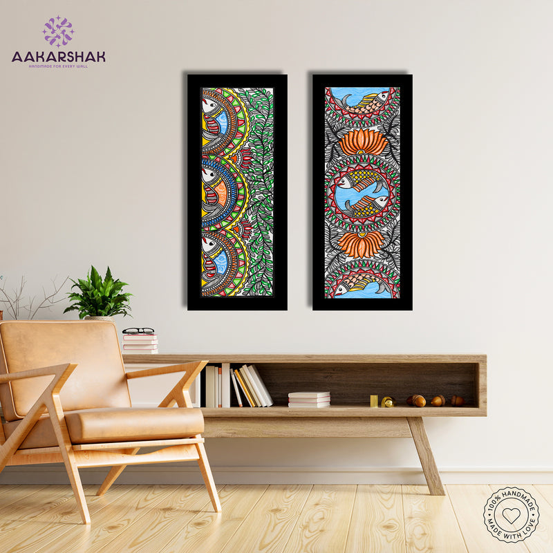 Handmade Madhubani Painting Set of 2 – Fish & Fish Wall Decor 8x23