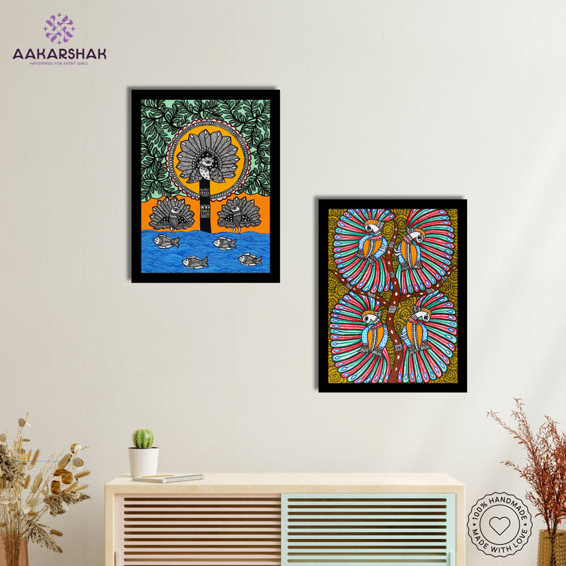 Handmade Madhubani Painting Set of 2 – Peacock 12x16