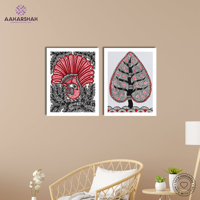 Handmade Madhubani Painting Set of 2 – Peacock and Tree of life 12x16