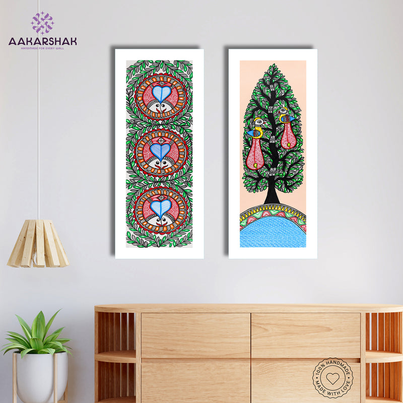 Handmade Madhubani Painting Set of 2 – Fish & Peacock Wall Decor 8x23