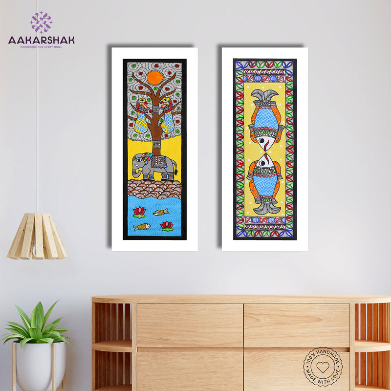 Handmade Madhubani Painting Set of 2 – Elephant & Fish Wall Decor 8x23