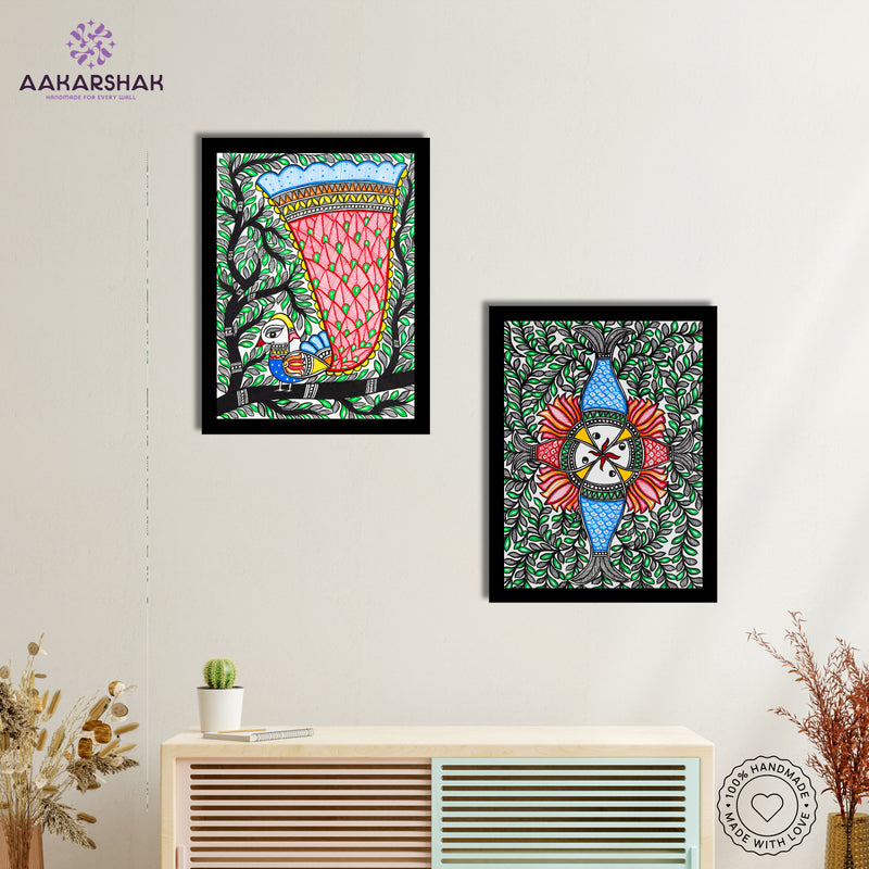 Handmade Madhubani Painting Set of 2 –  Peacock and Fish  12x16