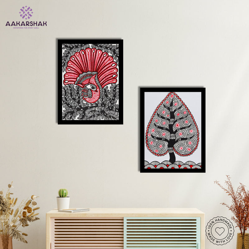 Handmade Madhubani Painting Set of 2 – Peacock and Tree of life 12x16