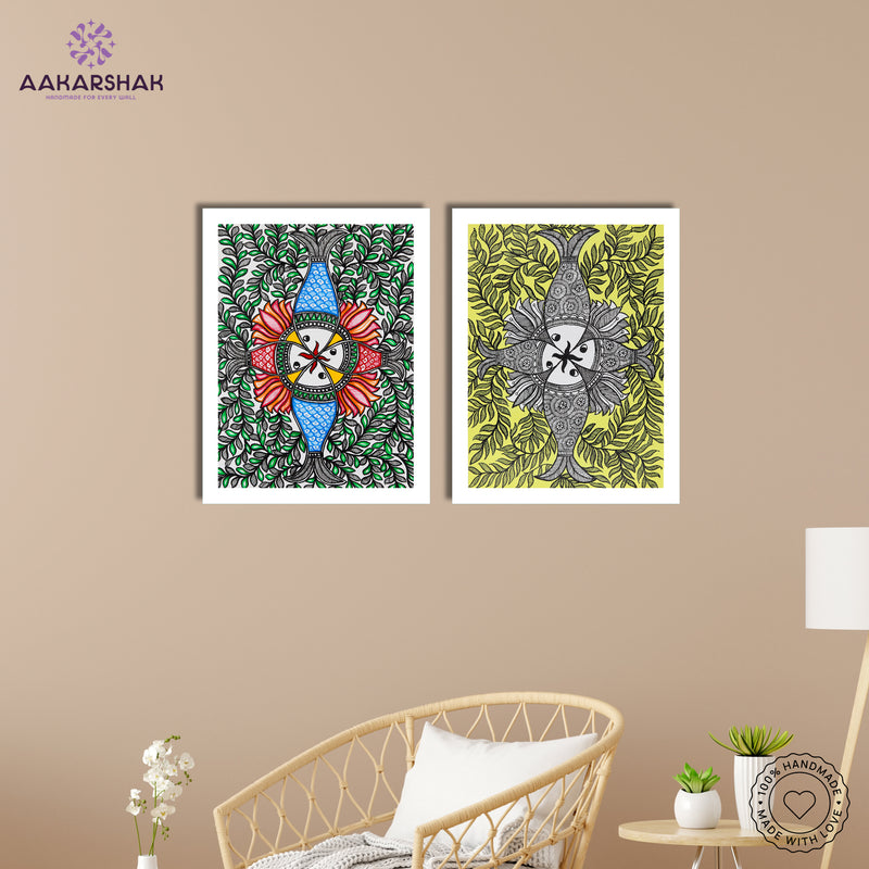 Handmade Madhubani Painting Set of 2 – Fish 12x16