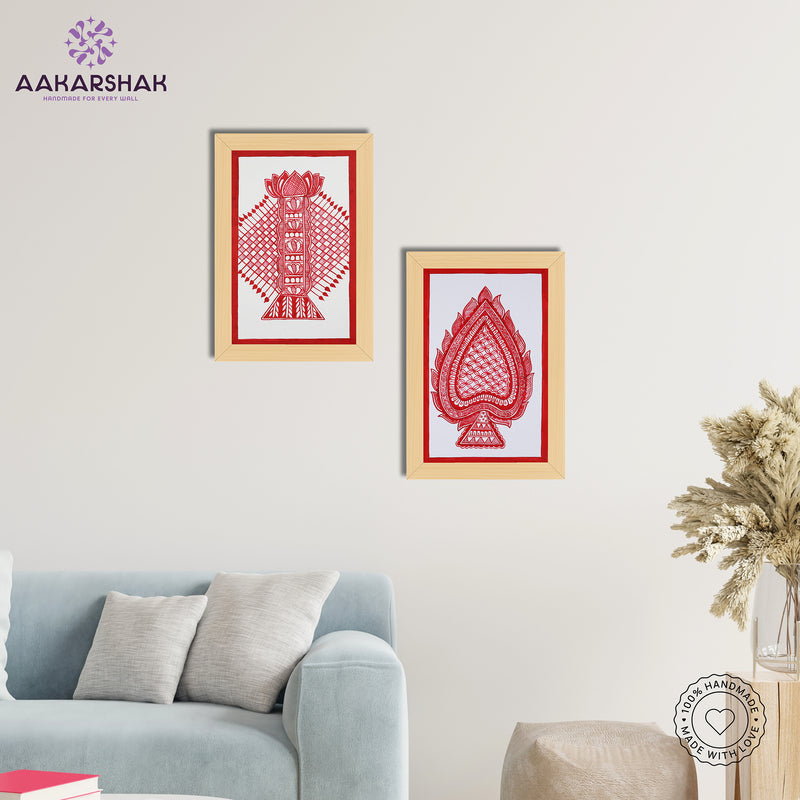 Handmade Bamboo and Paan  Madhubani Painting 8x12 Set of 2