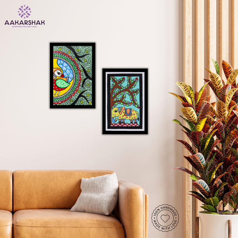 Handmade Peacock and Elephant Madhubani Painting 8x12 Set of 2