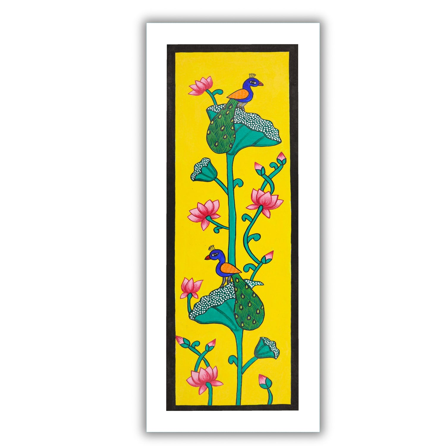 Framed artwork of a colorful peacock-with handmade pichwai painting 