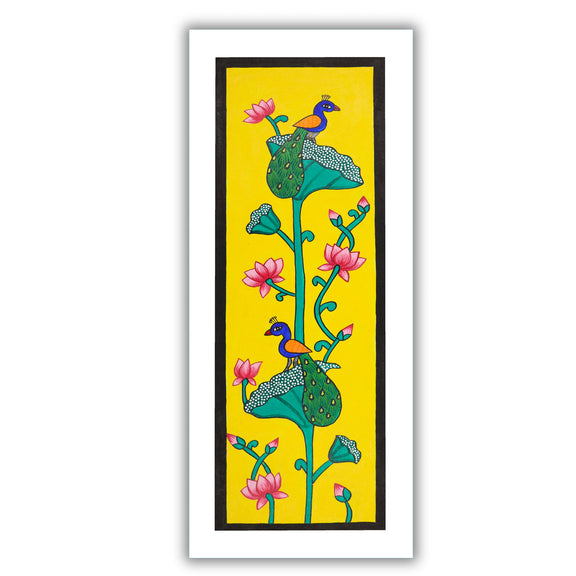 Framed artwork of a colorful peacock-with handmade pichwai painting 