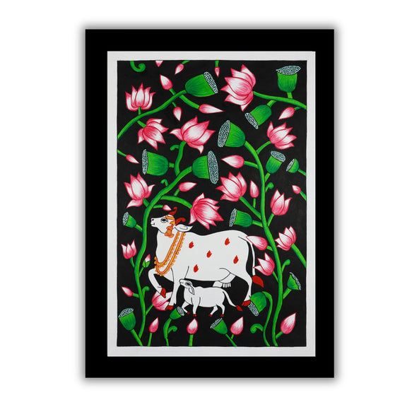 Handmade Pichwai painting with cow motif, framed for wall decor – traditional Indian temple art
