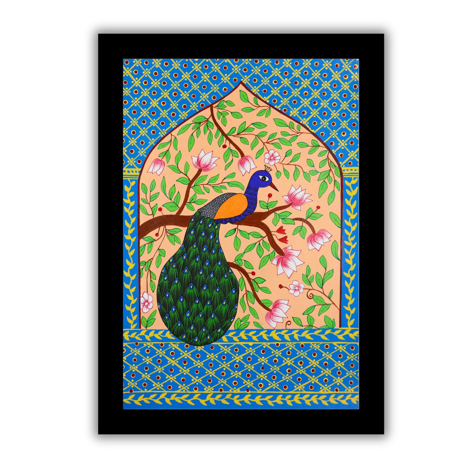 Handmade Pichwai Peacock Painting Framed 17x24 Inch Wall Art