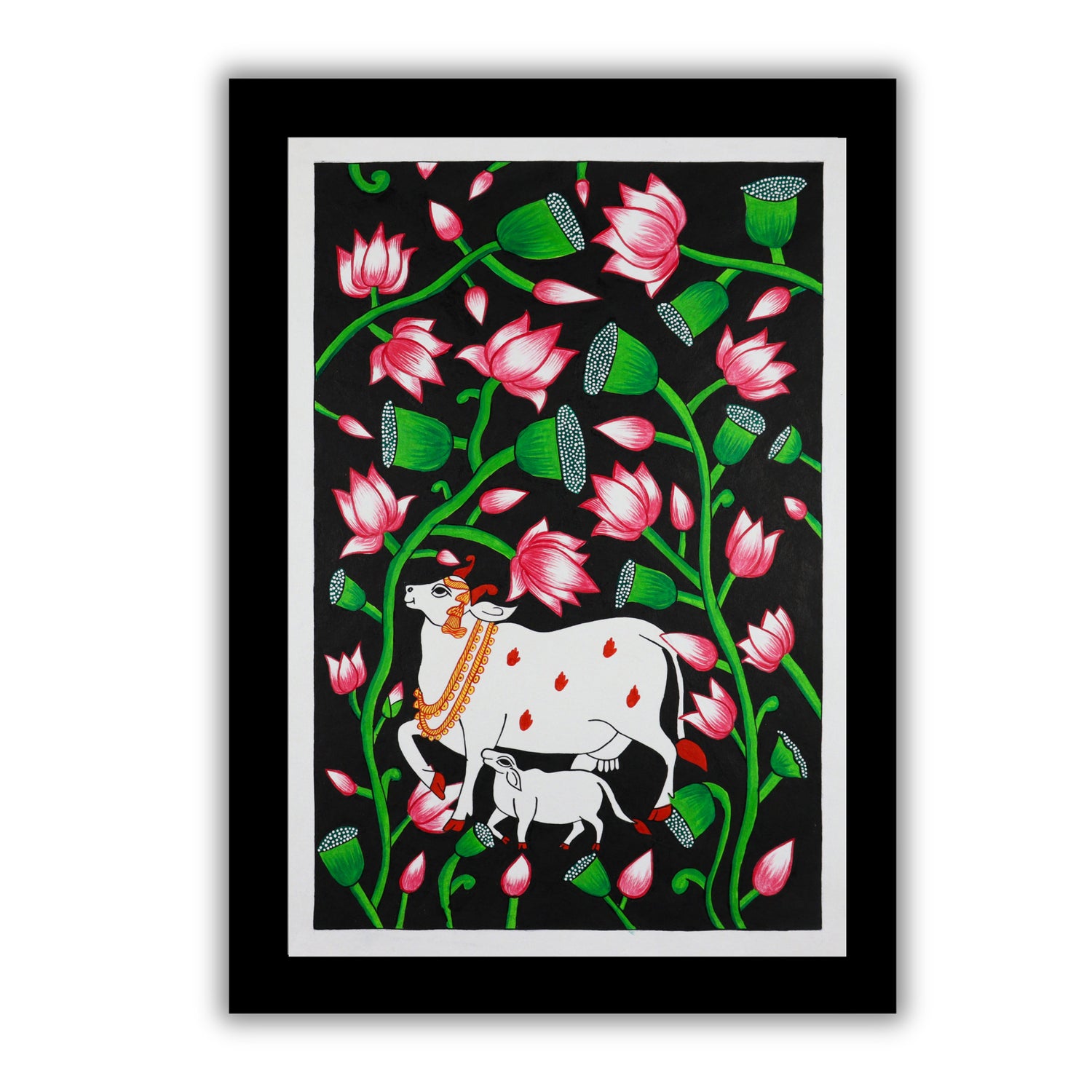 Handmade Pichwai Cow Painting Framed 17x24 Inch Wall Art