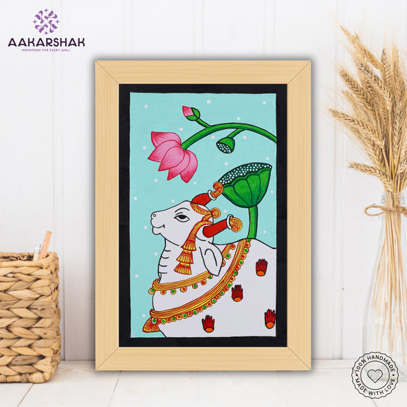 Framed artwork of an cow pichwai painting with sky background-with tabletop stand for home decor