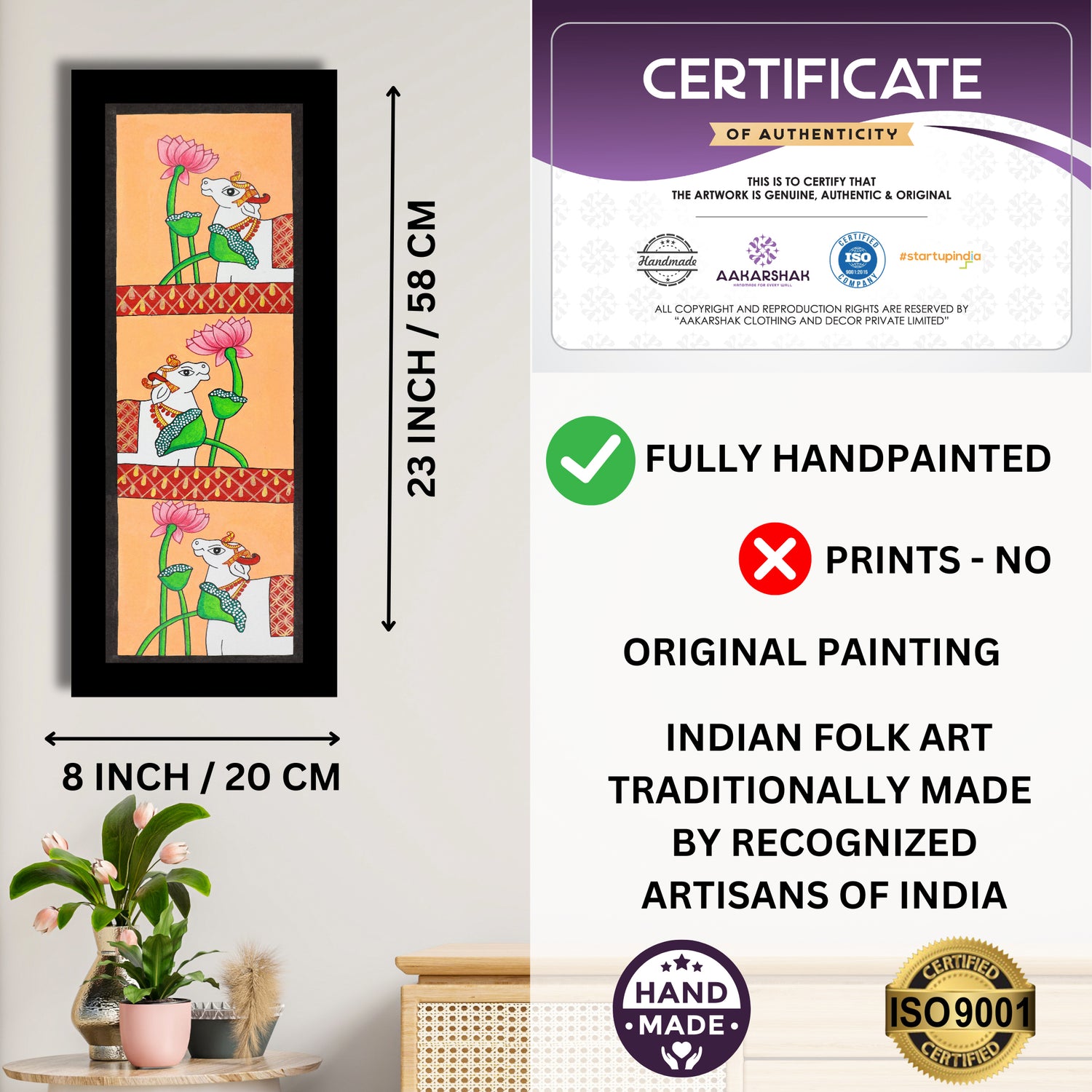 Framed artwork with dimensions, authenticity certificate and handmade iso certified-cow pichwai painting