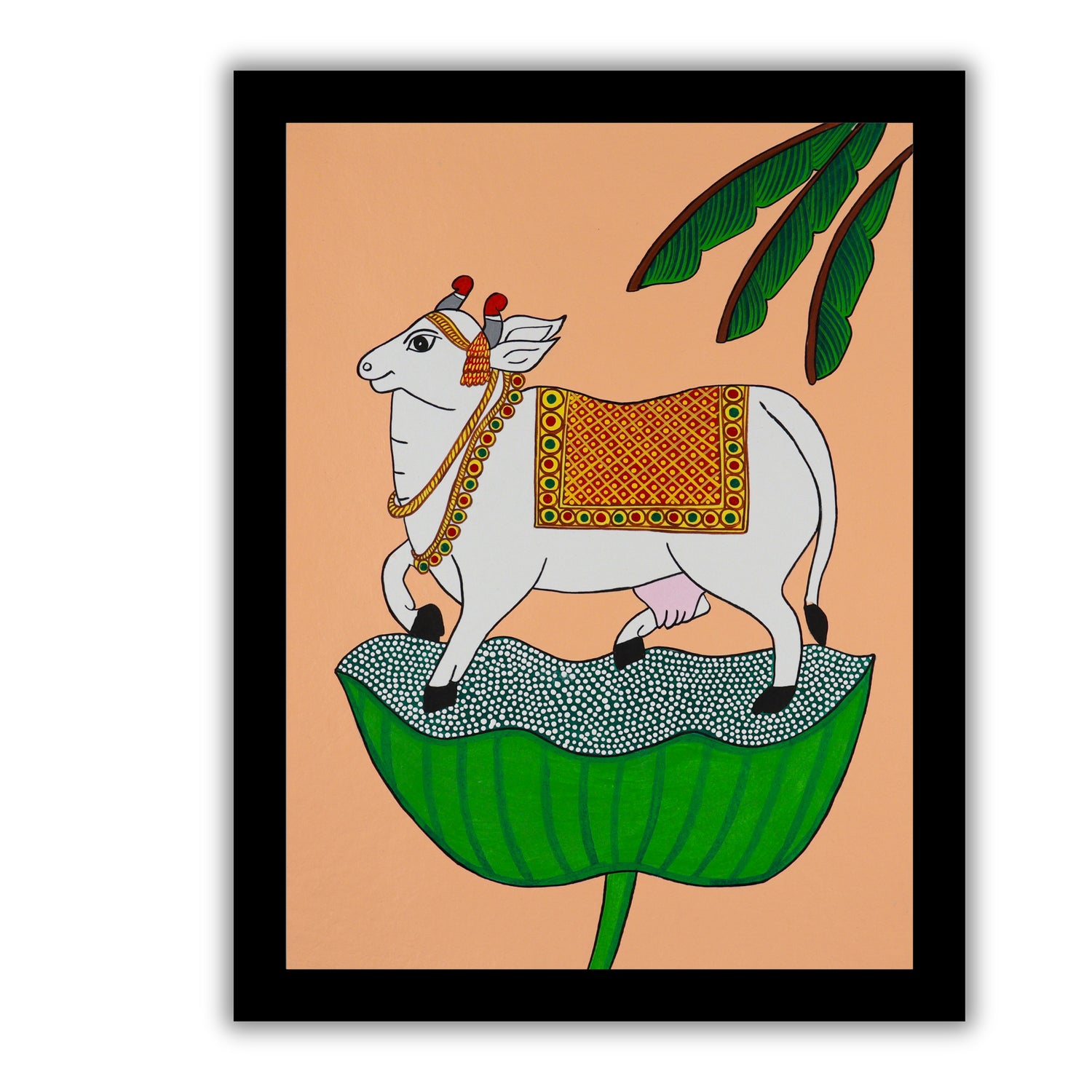 Framed artwork of a colorful cow illustration on a peach background-with handmade pichwai painting 