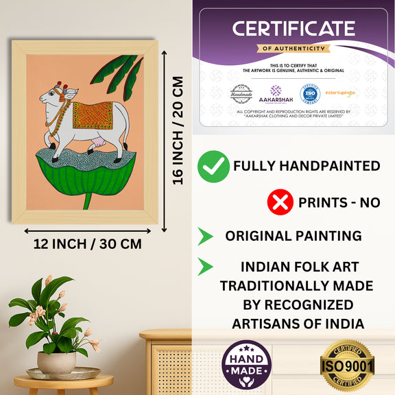 Framed artwork with dimensions, authenticity certificate and handmade iso certified-cow pichwai painting