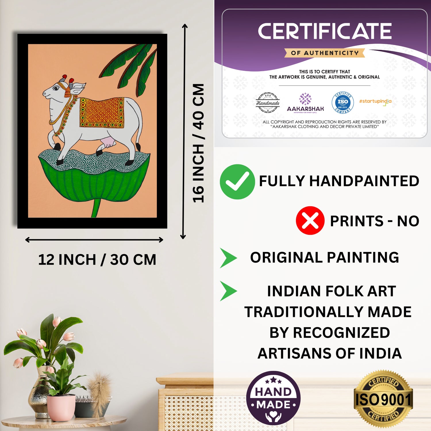 Framed artwork with dimensions, authenticity certificate and handmade iso certified-lotus warli painting