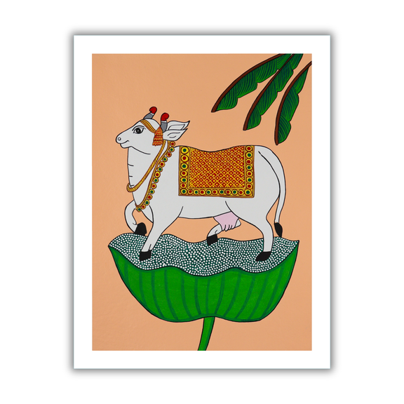 Framed artwork of a colorful cow illustration on a peach background-with handmade pichwai painting 