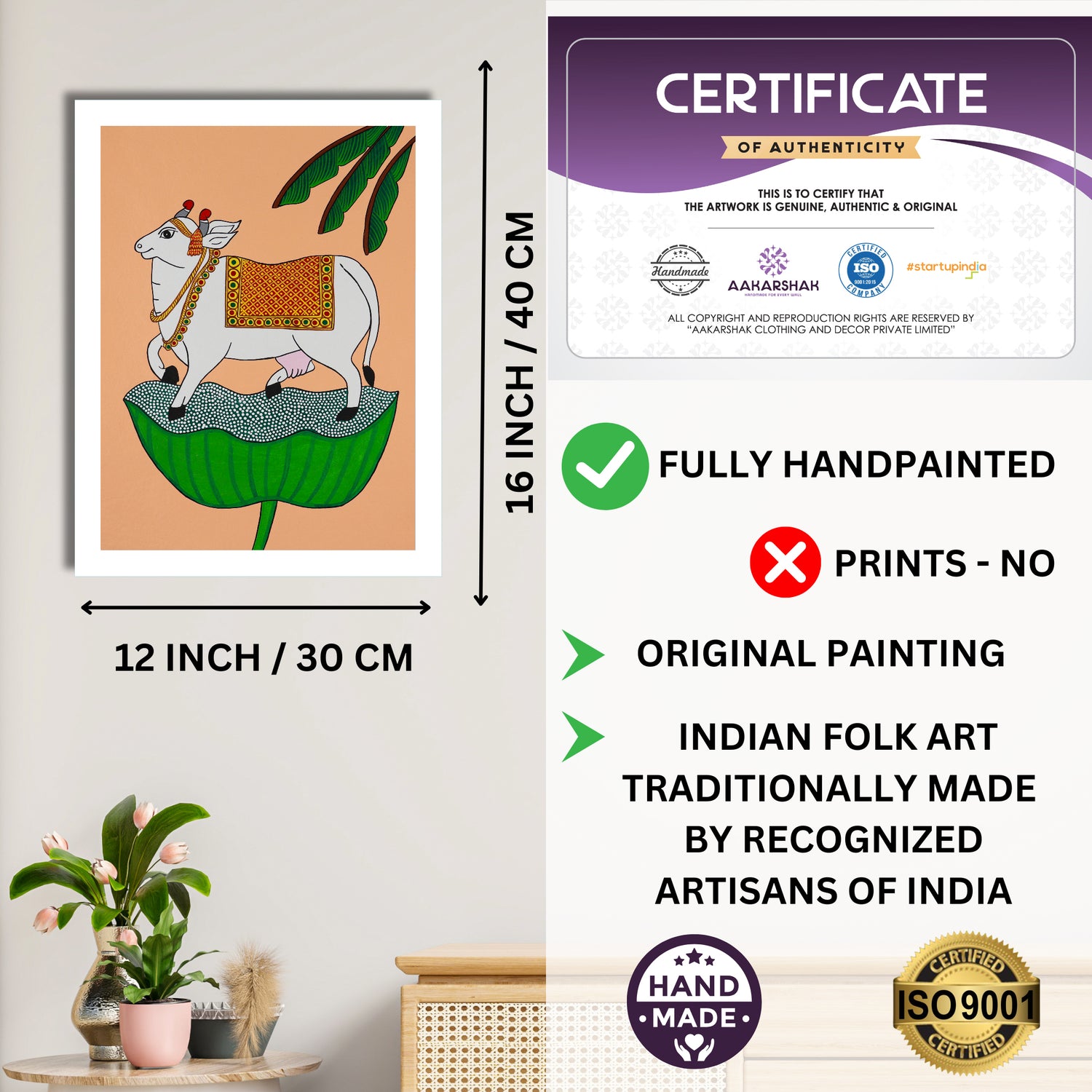 Framed artwork with dimensions, authenticity certificate and handmade iso certified-cow pichwai painting