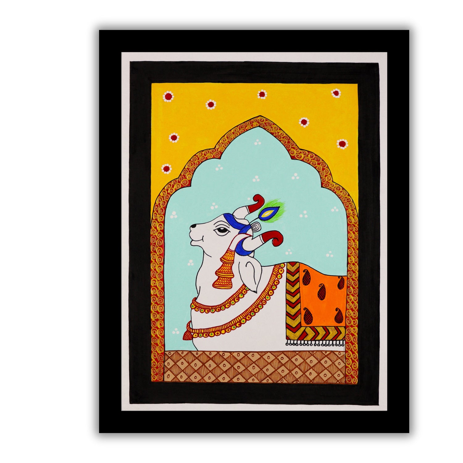 Framed artwork of a colorful cow illustration on a yellow background-with handmade pichwai painting 