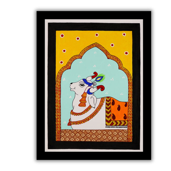 Framed artwork of a colorful cow illustration on a yellow background-with handmade pichwai painting 
