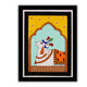 Framed artwork of a colorful cow illustration on a yellow background-with handmade pichwai painting 
