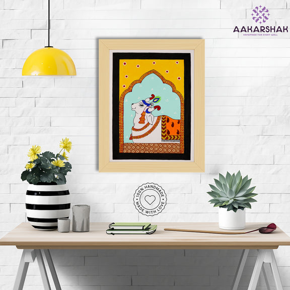 Framed artwork with cow design on a yellow background-handmade pichwai painting for home decor
