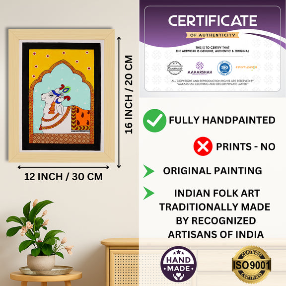 Framed artwork with dimensions, authenticity certificate and handmade iso certified-cow pichwai painting