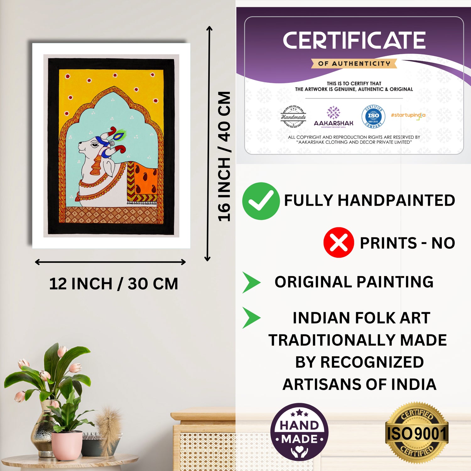 Framed artwork with dimensions, authenticity certificate and handmade iso certified-cow pichwai painting