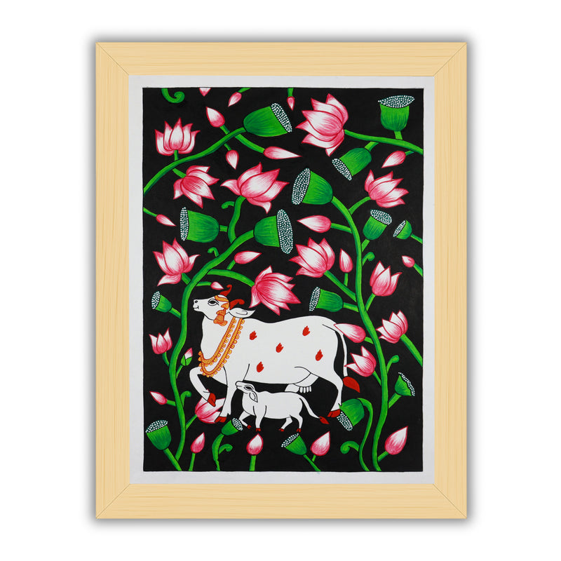 Framed artwork of a colorful cow handmade pichwai painting 