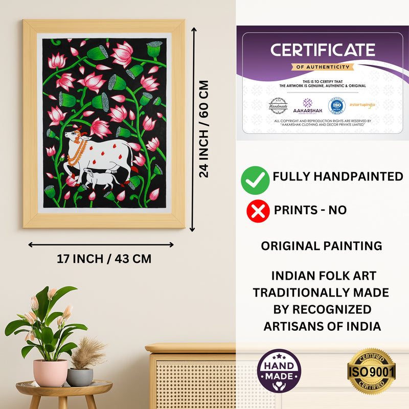Framed artwork with dimensions, authenticity certificate and handmade iso certified-cow pichwai painting