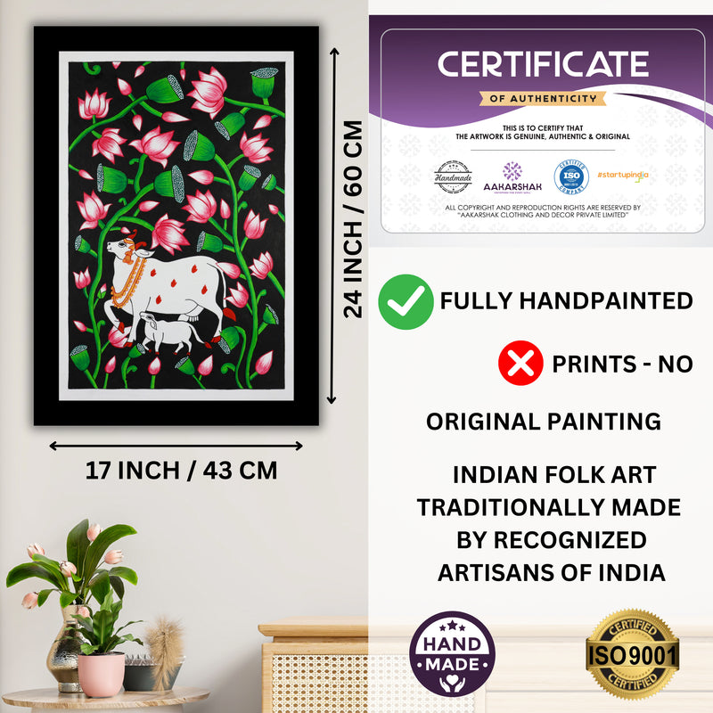 Framed artwork with dimensions, authenticity certificate and handmade iso certified-cow pichwai painting