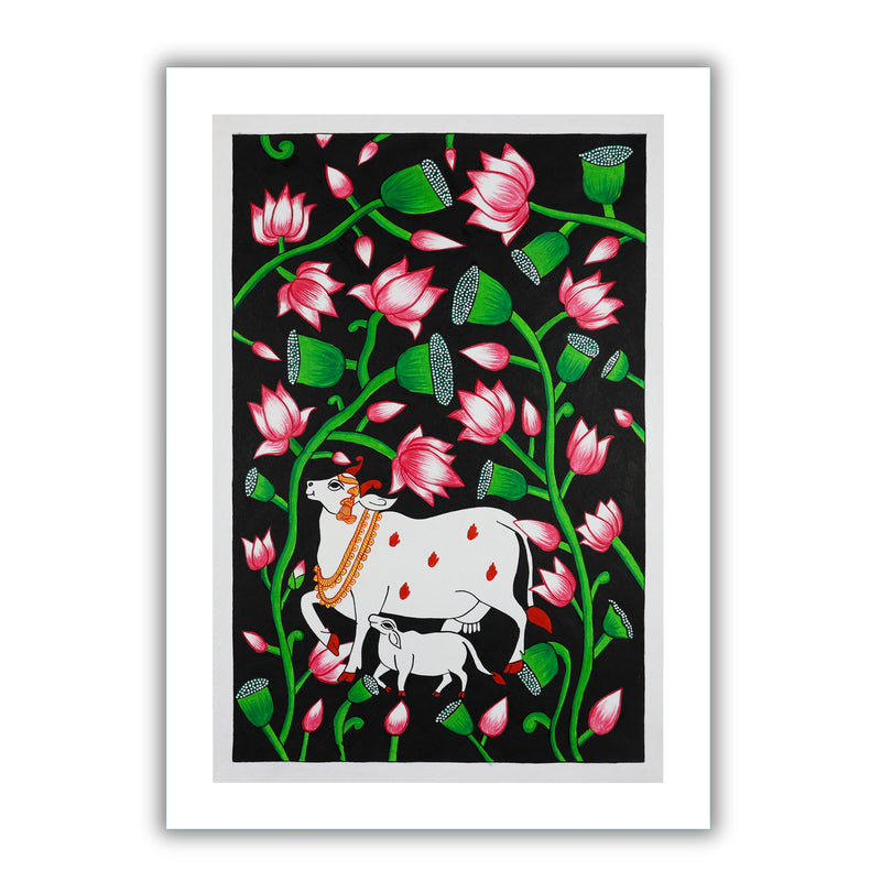 Framed artwork of a colorful cow handmade pichwai painting 