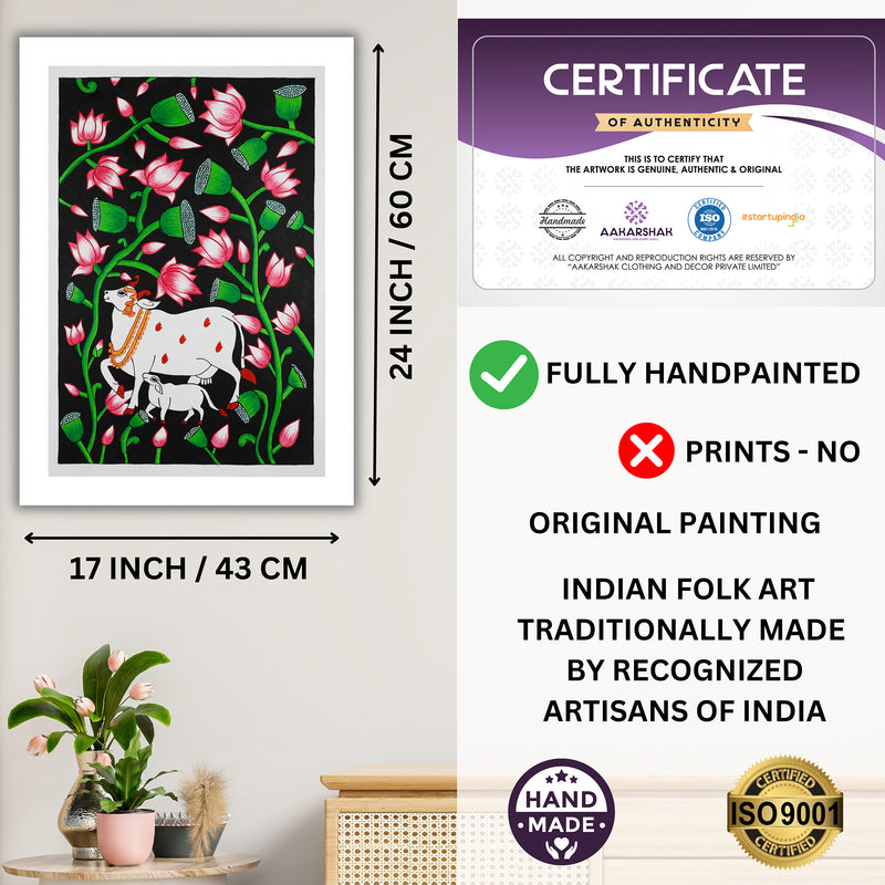 Framed artwork with dimensions, authenticity certificate and handmade iso certified-cow pichwai painting