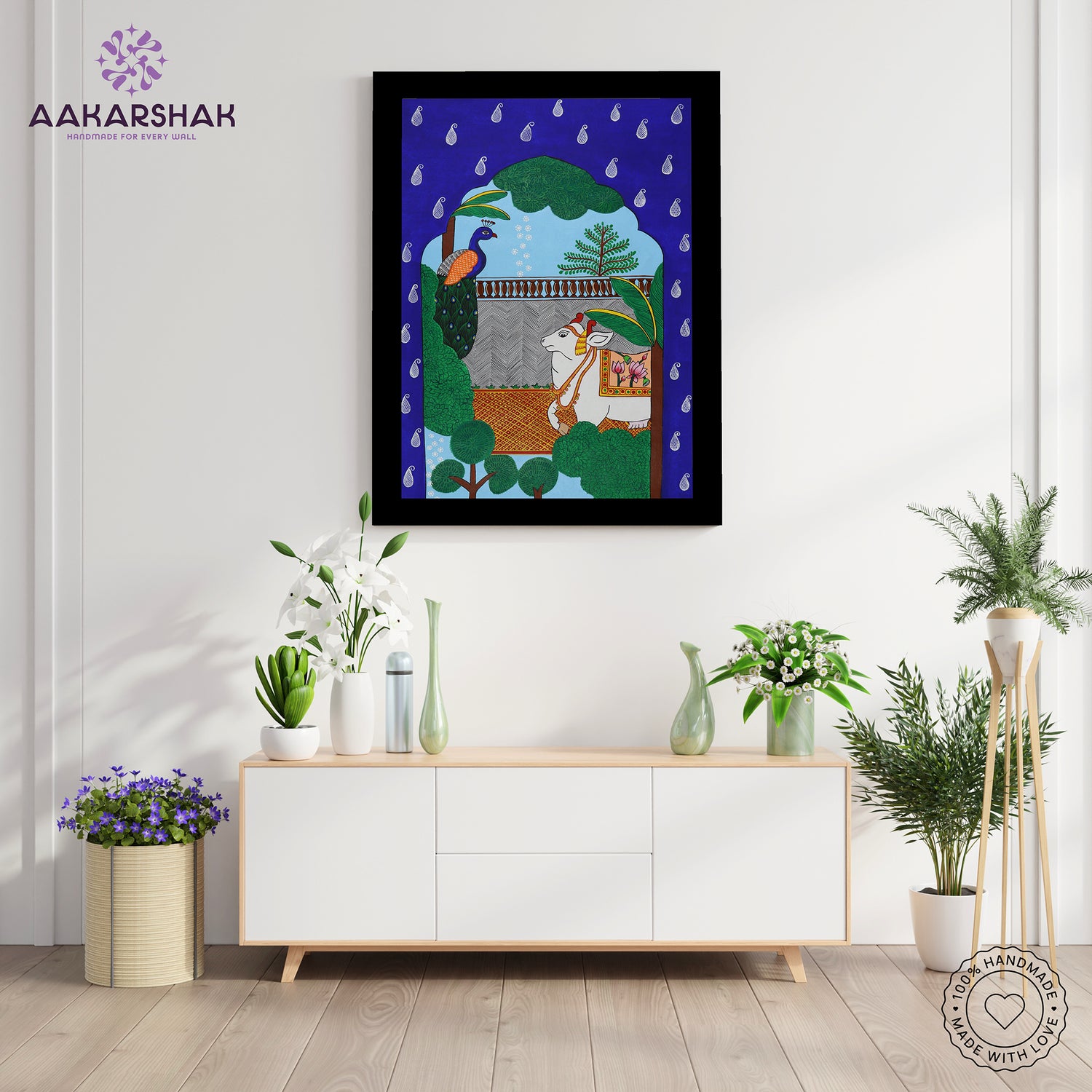 Framed artwork with cow-peacock design-handmade pichwai painting for home decor