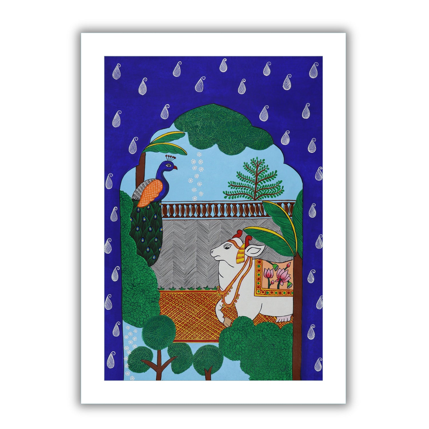 Framed artwork of a colorful cow-peacock- handmade pichwai painting 
