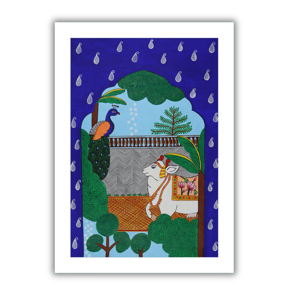 Framed artwork of a colorful cow-peacock- handmade pichwai painting 